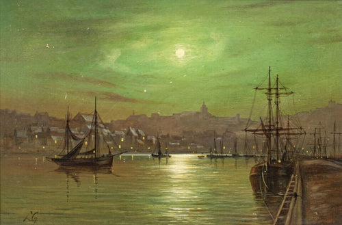 Moonlit Whitby Harbour | Louis Hubbard Grimshaw | 19th Century